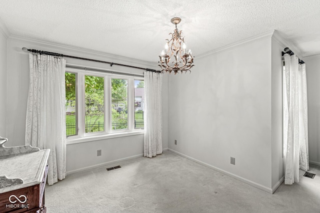 12388 Camberley Ln, Carmel, IN 46033 - unfurnished dining area featuring crown molding, a chandelier, carpet flooring, baseboards, and a textured ceiling