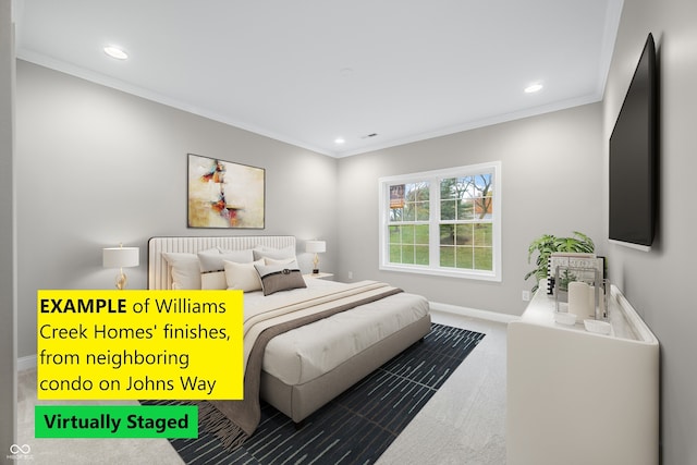 3354 Johns Way, Greenwood, IN 46143 - carpeted bedroom with ornamental molding, recessed lighting, and baseboards