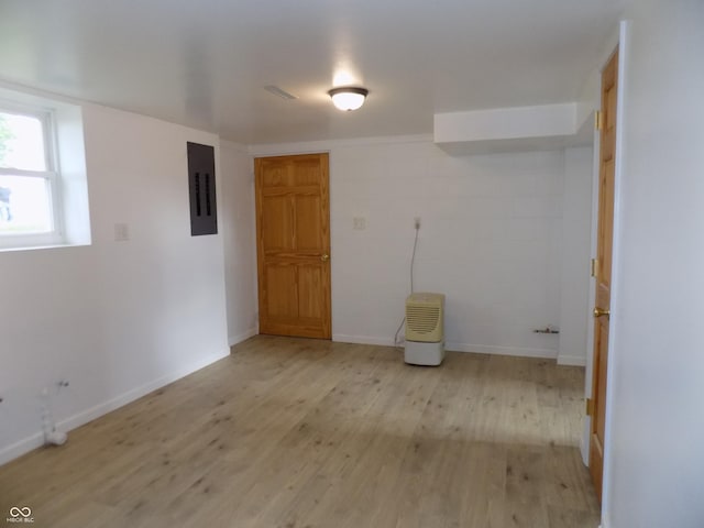 9739 S County Road 825 E, Cloverdale, IN 46120 - unfurnished room featuring electric panel, light wood-style flooring, and baseboards