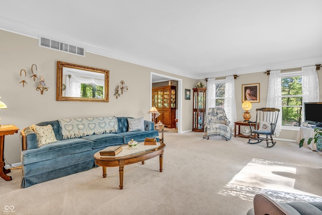610 N Forest Rd, Crawfordsville, IN 47933 - living room featuring ornamental molding, light colored carpet, and baseboards