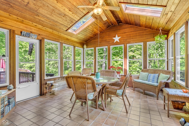 610 N Forest Rd, Crawfordsville, IN 47933 - sunroom / solarium with a skylight, healthy amount of natural light, vaulted ceiling, ceiling fan, and wood walls