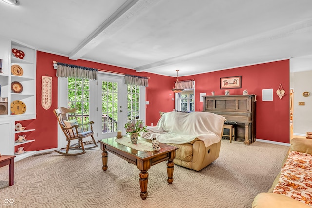 610 N Forest Rd, Crawfordsville, IN 47933 - living room with carpet flooring, beam ceiling, and baseboards