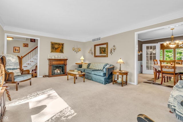 610 N Forest Rd, Crawfordsville, IN 47933 - living area featuring crown molding, a chandelier, carpet flooring, a glass covered fireplace, and baseboards