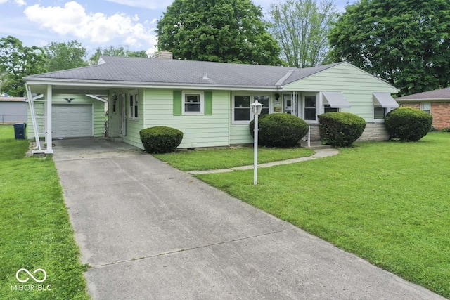 2840 W 12th St, Anderson, IN 46011 - ranch-style house featuring a front yard, a chimney, a garage, concrete driveway, and roof with shingles
