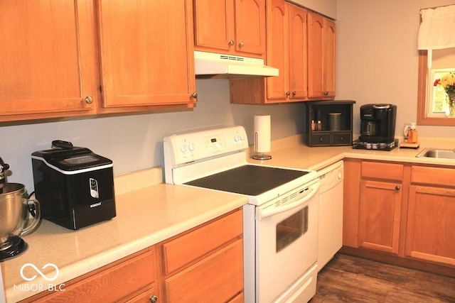 7 Gladiator Dr, Waynetown, IN 47990 - kitchen with white appliances, under cabinet range hood, light countertops, dark wood finished floors, and a sink