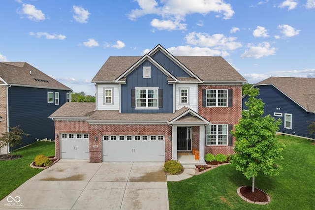 3948 Saddle Club S Parkway, Bargersville, IN 46106 - view of front of property featuring board and batten siding, brick siding, driveway, a front yard, and a shingled roof
