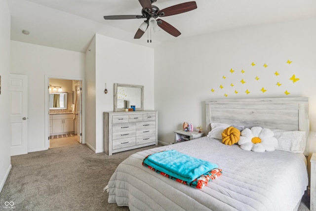 8910 Hunters Creek Dr Unit 207, Indianapolis, IN 46227 - bedroom with carpet, baseboards, ensuite bath, and a ceiling fan