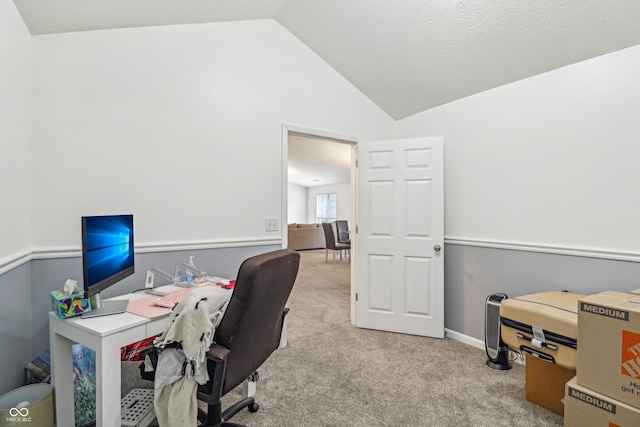 8910 Hunters Creek Dr Unit 207, Indianapolis, IN 46227 - office area featuring vaulted ceiling, carpet floors, and baseboards