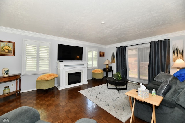 1310 Kings Cove Ct, Indianapolis, IN 46260 - living area with baseboards, a fireplace, crown molding, and a textured ceiling