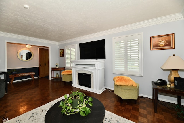 1310 Kings Cove Ct, Indianapolis, IN 46260 - living area with ornamental molding, a fireplace, baseboards, and a textured ceiling