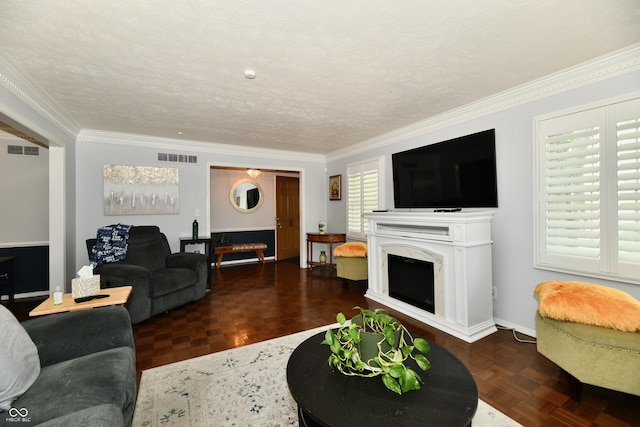 1310 Kings Cove Ct, Indianapolis, IN 46260 - living area with crown molding, healthy amount of natural light, baseboards, and a premium fireplace