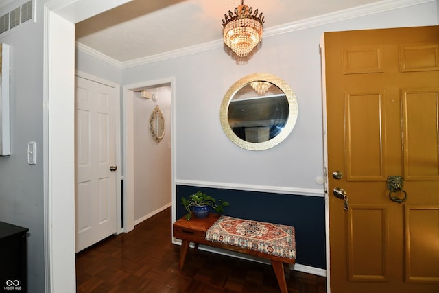 1310 Kings Cove Ct, Indianapolis, IN 46260 - laundry room featuring ornamental molding, a chandelier, and baseboards
