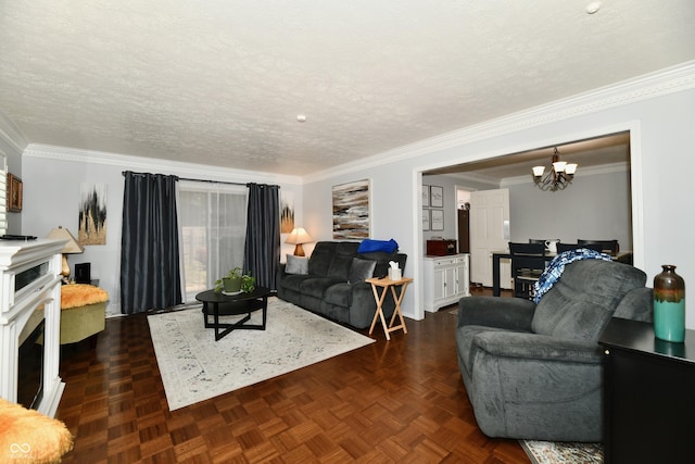 1310 Kings Cove Ct, Indianapolis, IN 46260 - living room featuring ornamental molding, a chandelier, a textured ceiling, and baseboards