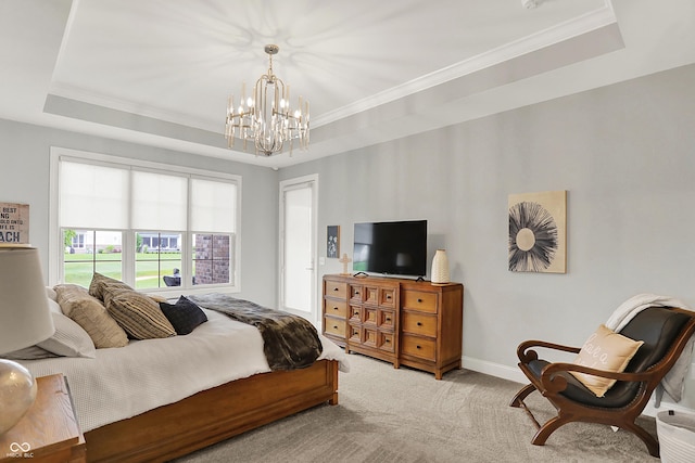 20010 Prescott Pl, Westfield, IN 46074 - carpeted bedroom with a raised ceiling, a chandelier, crown molding, and baseboards