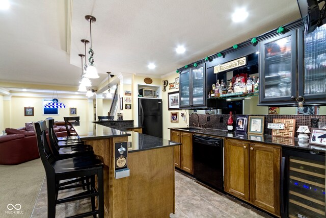14094 Pecos Ct, Carmel, IN 46033 - indoor wet bar with black appliances, wine cooler, ornamental molding, light tile patterned flooring, and recessed lighting