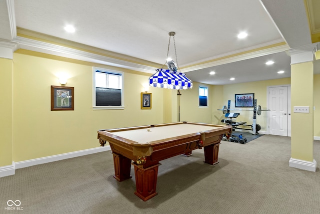 14094 Pecos Ct, Carmel, IN 46033 - game room featuring ornamental molding, carpet, baseboards, recessed lighting, and pool table