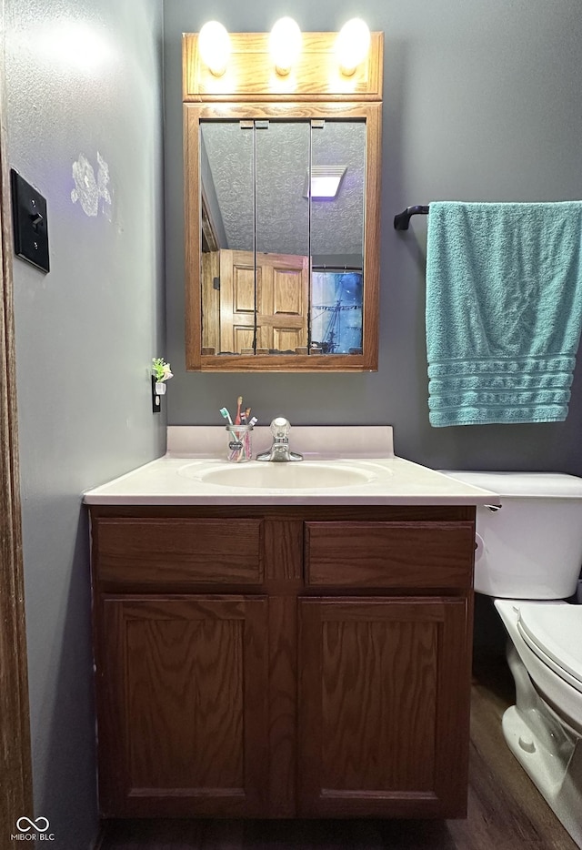 bathroom with toilet, vanity, and wood finished floors