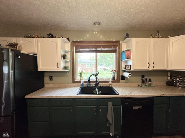 kitchen featuring black appliances, open shelves, a sink, white cabinetry, and a textured ceiling