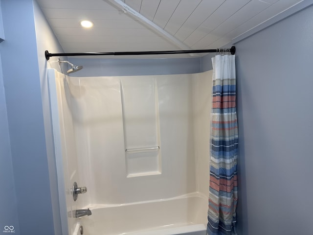 202 W Vine St, Bainbridge, IN 46105 - bathroom featuring shower / bath combination with curtain, wooden ceiling, and recessed lighting
