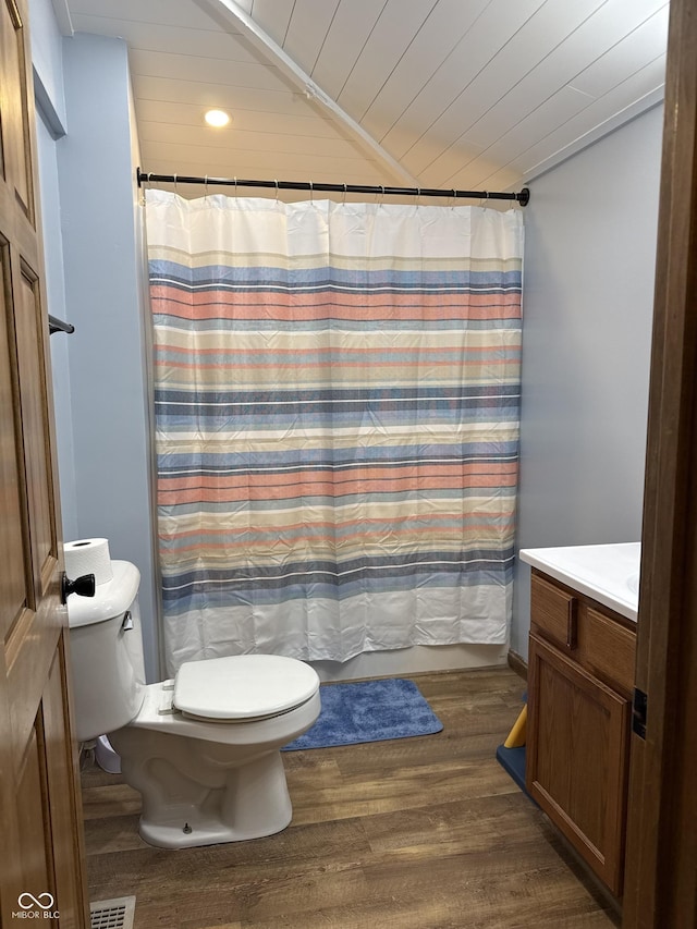 202 W Vine St, Bainbridge, IN 46105 - full bathroom featuring vaulted ceiling, toilet, vanity, wood finished floors, and wood ceiling