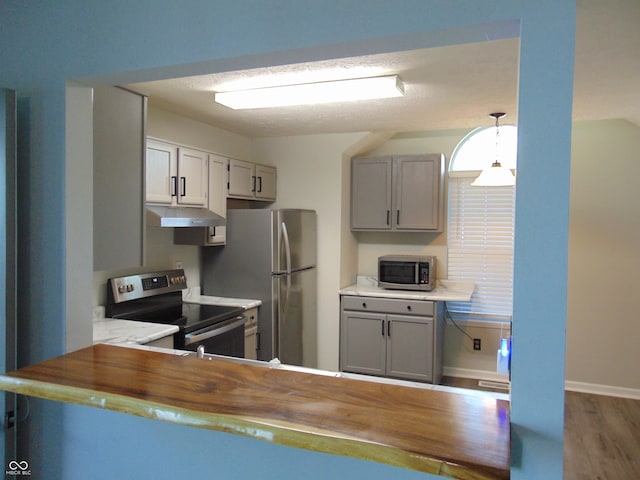 kitchen with appliances with stainless steel finishes, wooden counters, under cabinet range hood, wood finished floors, and baseboards
