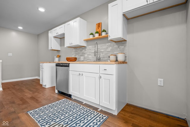 1825 E Maryland St, Indianapolis, IN 46201 - kitchen with a sink, backsplash, open shelves, dark wood finished floors, and white cabinetry