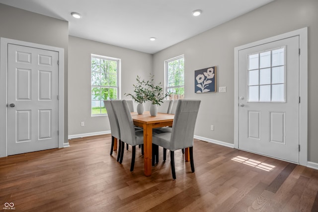 1825 E Maryland St, Indianapolis, IN 46201 - dining area with baseboards, wood finished floors, and recessed lighting