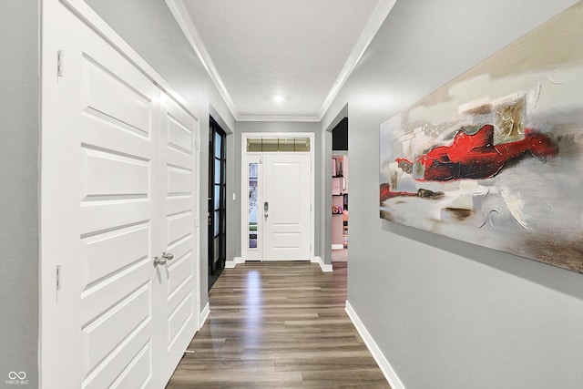 3592 Gillsland Rd, Bargersville, IN 46106 - hall with crown molding, dark wood finished floors, and baseboards
