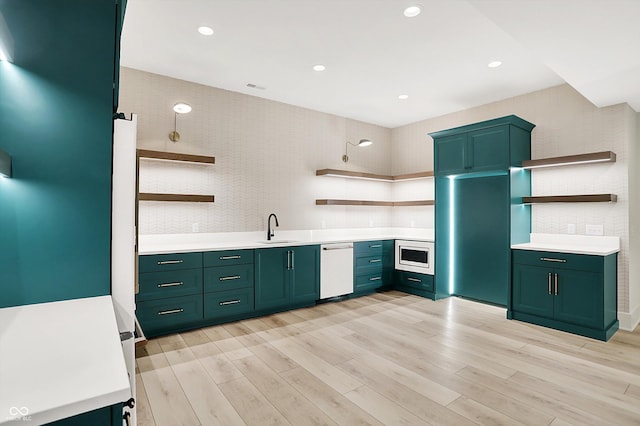 7116 Trail Ridge Ln, Indianapolis, IN 46259 - kitchen with open shelves, green cabinetry, dishwashing machine, and recessed lighting