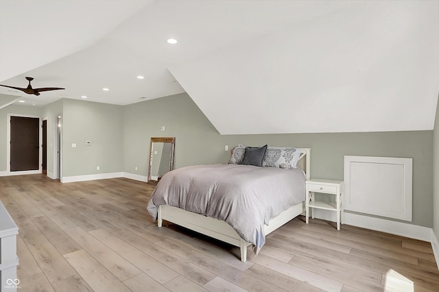 7116 Trail Ridge Ln, Indianapolis, IN 46259 - bedroom featuring light wood-style floors, lofted ceiling, recessed lighting, and ceiling fan