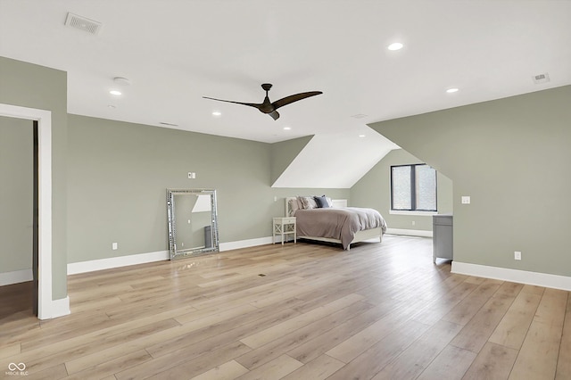 7116 Trail Ridge Ln, Indianapolis, IN 46259 - bedroom with light wood finished floors, ceiling fan, recessed lighting, and vaulted ceiling