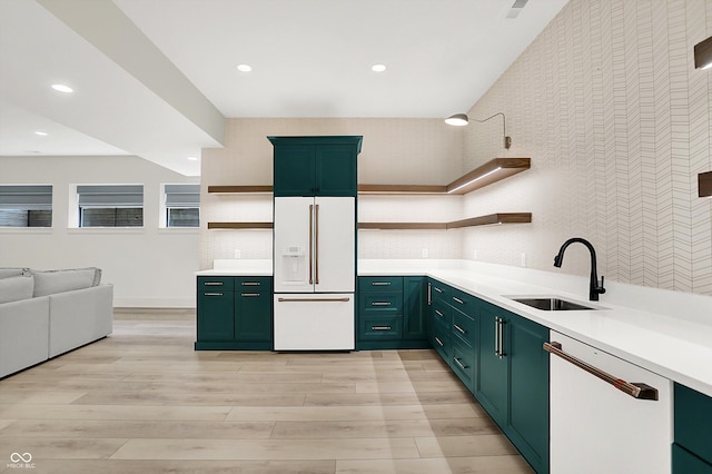 7116 Trail Ridge Ln, Indianapolis, IN 46259 - kitchen featuring open shelves, white appliances, green cabinetry, light countertops, and wallpapered walls