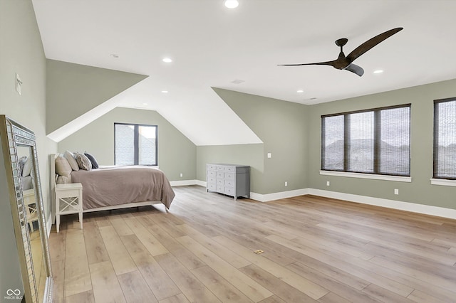 7116 Trail Ridge Ln, Indianapolis, IN 46259 - bedroom featuring light wood-type flooring, a ceiling fan, vaulted ceiling, and recessed lighting