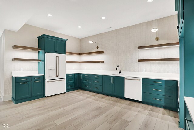 7116 Trail Ridge Ln, Indianapolis, IN 46259 - kitchen featuring open shelves, white appliances, light wood-type flooring, green cabinets, and recessed lighting