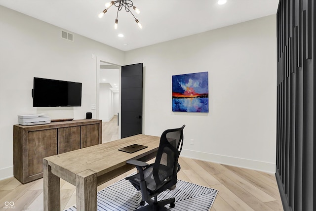 7116 Trail Ridge Ln, Indianapolis, IN 46259 - home office featuring light wood finished floors, recessed lighting, and a chandelier