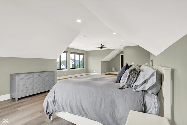 7116 Trail Ridge Ln, Indianapolis, IN 46259 - bedroom with light wood finished floors, recessed lighting, vaulted ceiling, and ceiling fan