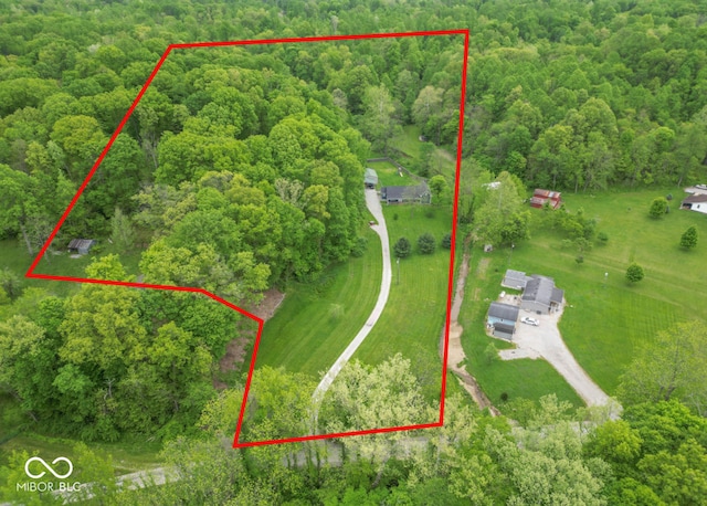 2935 N Grizzly Ln, Martinsville, IN 46151 - aerial view of property and surrounding area featuring a heavily wooded area and property boundaries highlighted