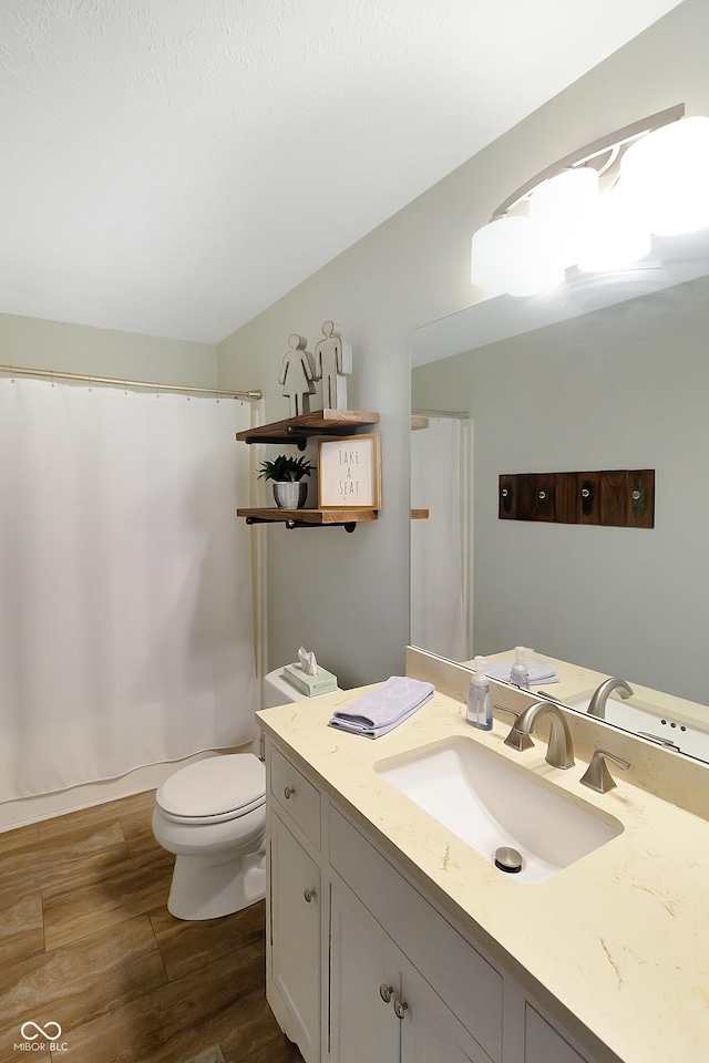2935 N Grizzly Ln, Martinsville, IN 46151 - bathroom with wood finished floors, toilet, a shower with shower curtain, and vanity