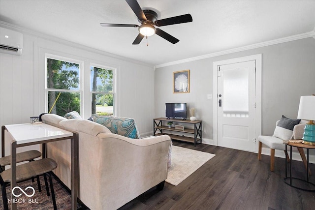 606 E County Line Rd, Indianapolis, IN 46227 - living room featuring ornamental molding, dark wood-type flooring, a wall mounted AC, and a ceiling fan