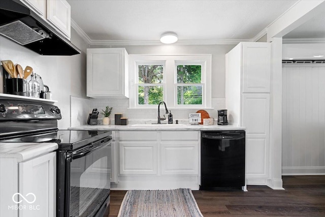 606 E County Line Rd, Indianapolis, IN 46227 - kitchen featuring black appliances, under cabinet range hood, white cabinetry, tasteful backsplash, and light countertops