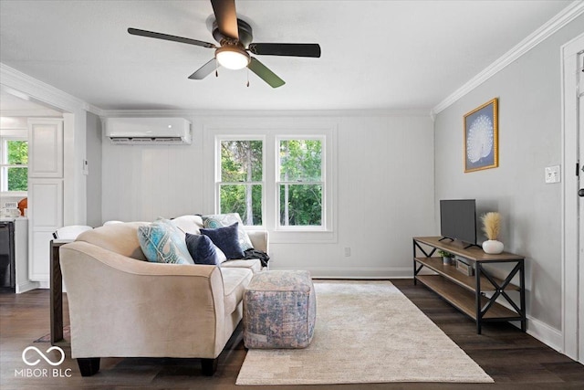 606 E County Line Rd, Indianapolis, IN 46227 - living area with an AC wall unit, plenty of natural light, crown molding, dark wood-type flooring, and a ceiling fan