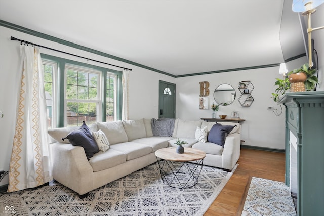 living room featuring ornamental molding, wood finished floors, a fireplace with flush hearth, and baseboards
