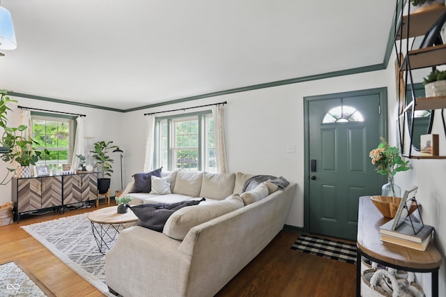 living room with healthy amount of natural light, crown molding, and wood finished floors
