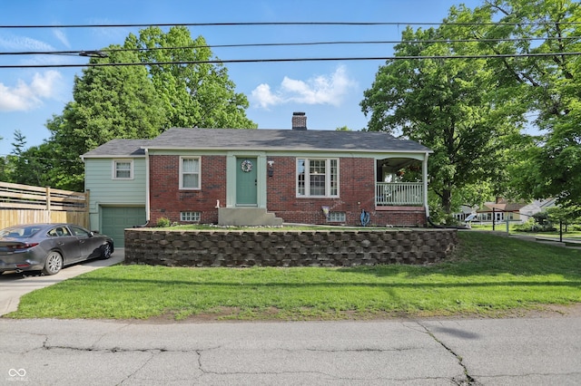 view of front facade with brick siding, driveway, a chimney, and an attached garage