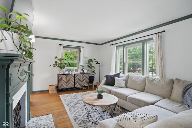living area with crown molding, a brick fireplace, and wood finished floors