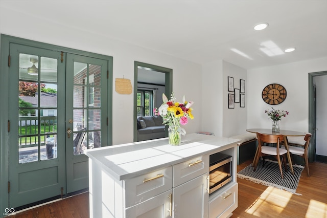 kitchen featuring stainless steel microwave, light countertops, dark wood-style flooring, french doors, and recessed lighting