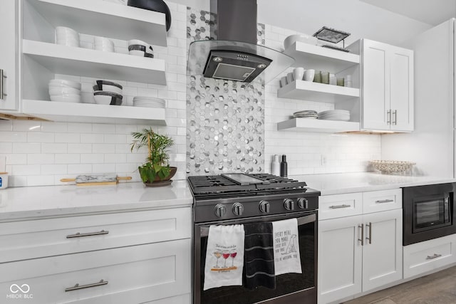 15 W Executive Dr Unit 101, Carmel, IN 46032 - kitchen featuring open shelves, gas range, island exhaust hood, and tasteful backsplash