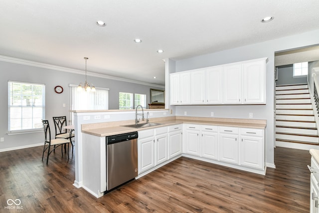 12612 Majestic Way, Fishers, IN 46037 - kitchen with stainless steel dishwasher, a sink, ornamental molding, light countertops, and dark wood-style floors
