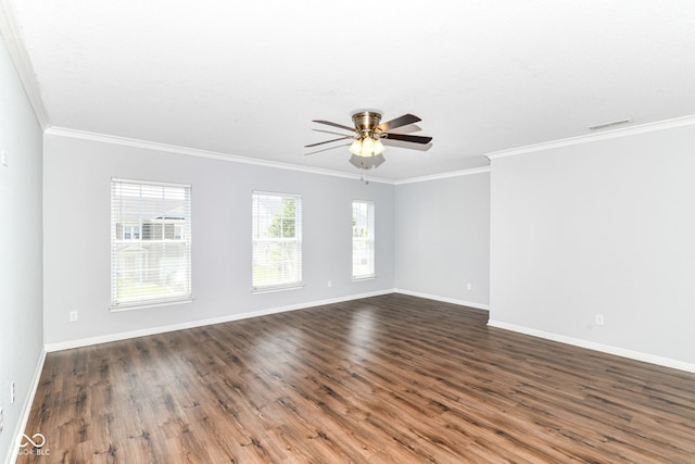 12612 Majestic Way, Fishers, IN 46037 - spare room featuring ornamental molding, ceiling fan, dark wood-type flooring, and baseboards