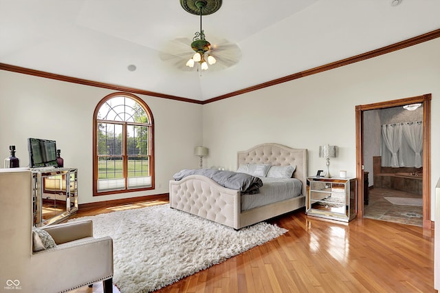 893 W 500 S, Anderson, IN 46013 - bedroom with hardwood / wood-style flooring, ornamental molding, a ceiling fan, and connected bathroom